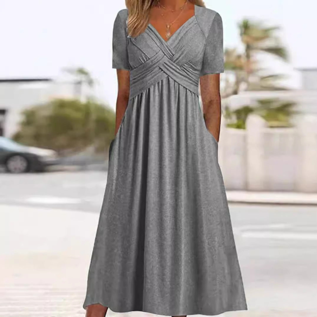 Damen nan fließendes Maxikleid mit gekreuzter Passe V-Ausschnitt Kurzarm und Eingrifftaschen Drune