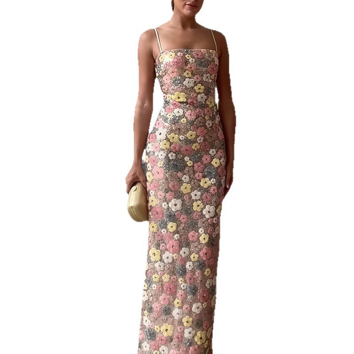Damen Maxikleid mit floraler Spitze und schmalen Trägern Drune