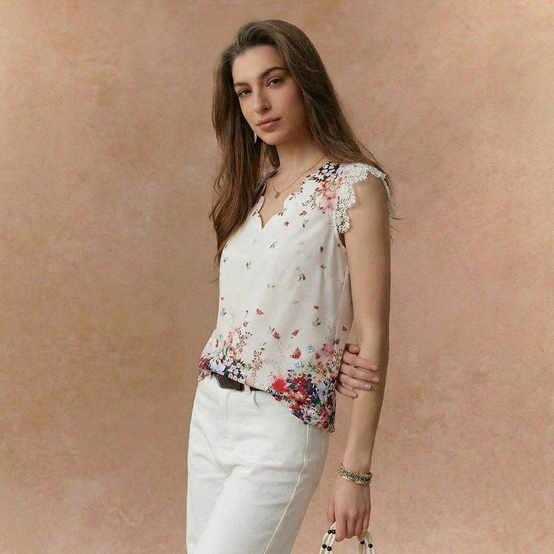 Damen Bluse mit floralem Muster und Spitzenbesatz Drune
