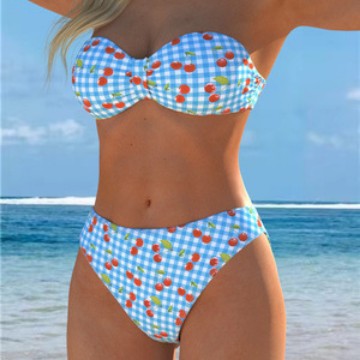 Damen Bandeau-Bikini mit verspieltem Karomuster und fruchtigem Print Drune