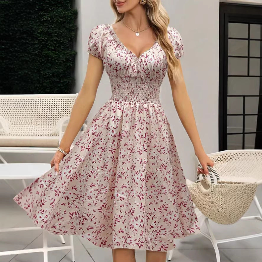 Damen Sommerliches Maxikleid mit voluminösen Puffärmeln und elastischem Taillenbund Drune