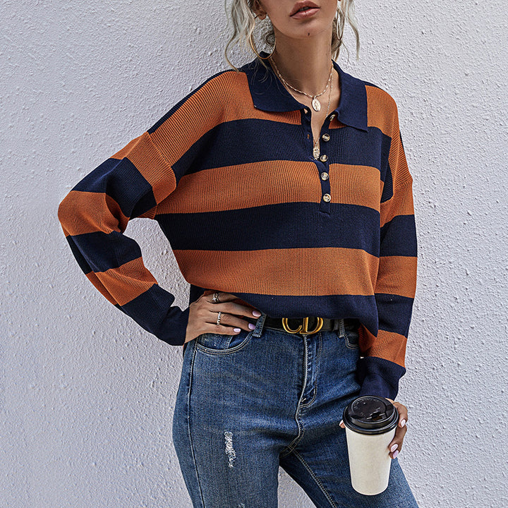 Damen lässiger Oversized Pullover mit großzügigem Streifenmuster und Knopfleiste Drune