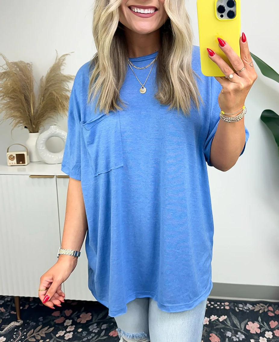 Damen lässiges Oversized T-Shirt mit Tasche Drune