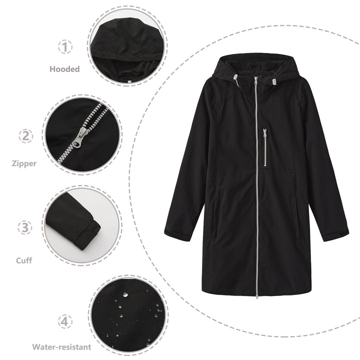 Damen nan lange schlanke Funktionsregenjacke mit durchgehendem Reißverschluss Brustreißverschlusstasche und Klettmanschetten Drune