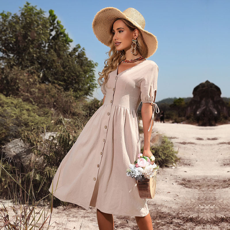 Damen Knielanges Sommerkleid mit V-Ausschnitt und romantischen Knopfdetails Drune
