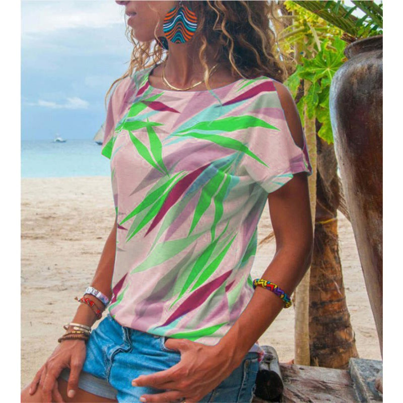 Damen T-Shirt mit asymmetrischem Schnitt und buntem Blattmotiv Drune
