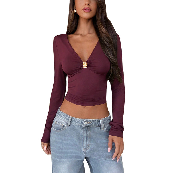 Damen Longsleeve Oberteil mit raffiniertem V-Ausschnitt und dekorativem Knopf Drune