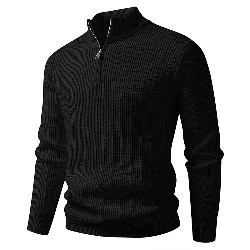Herren nan feinstrukturierter Halbzip-Pullover mit Stehkragen, geripptem Strukturstrick und schmaler Passform Drune