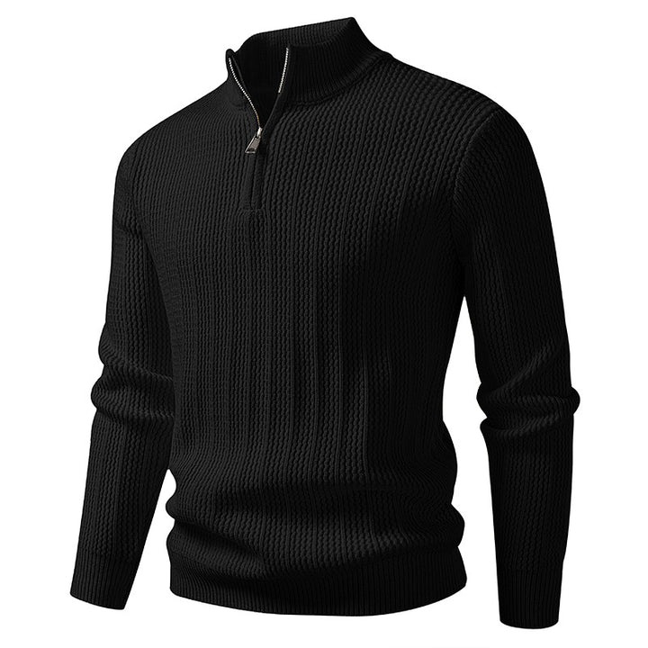 Herren nan feinstrukturierter Halbzip-Pullover mit Stehkragen, geripptem Strukturstrick und schmaler Passform Drune