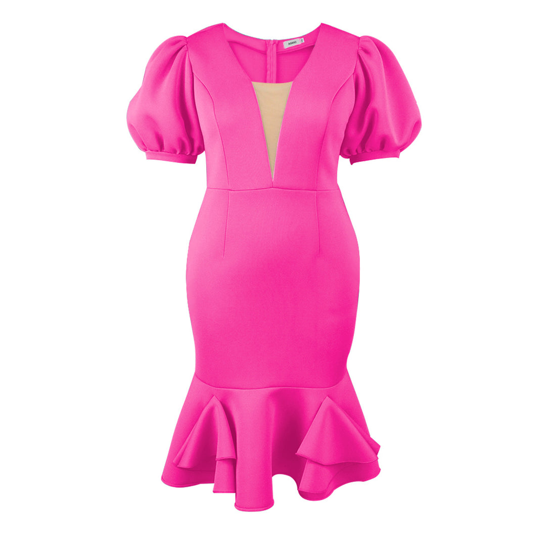 Damen figurbetontes Kleid mit voluminösen Puffärmeln und elegantem Rüschenabschluss Drune