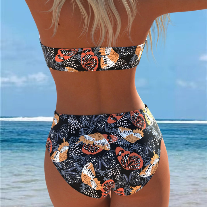 Damen Bandeau-Bikini mit hohem Taillenschnitt und kontrastierendem Blumendesign Drune