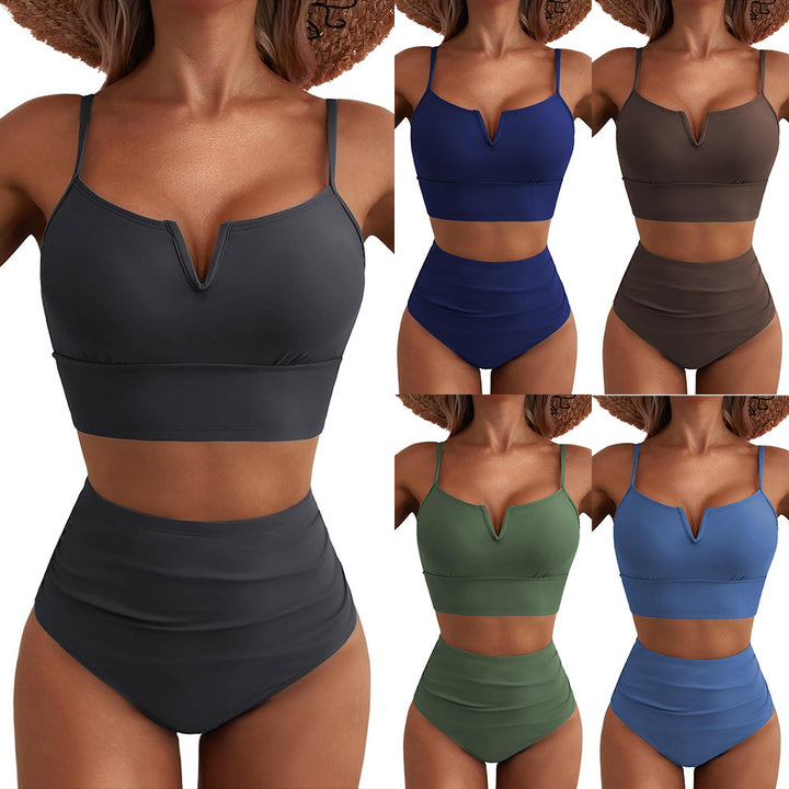 Damen Hochtailliertes Bikini-Set mit V-Ausschnitt und breiten Trägern Drune