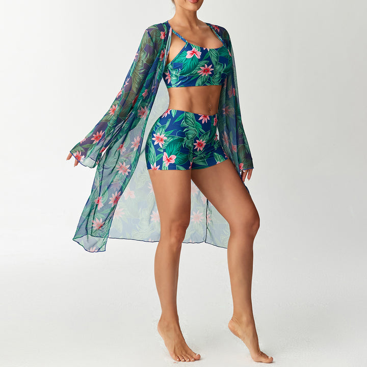 Damen Badeanzug Set mit floralem Oberteil und transparentem Strandüberwurf Drune