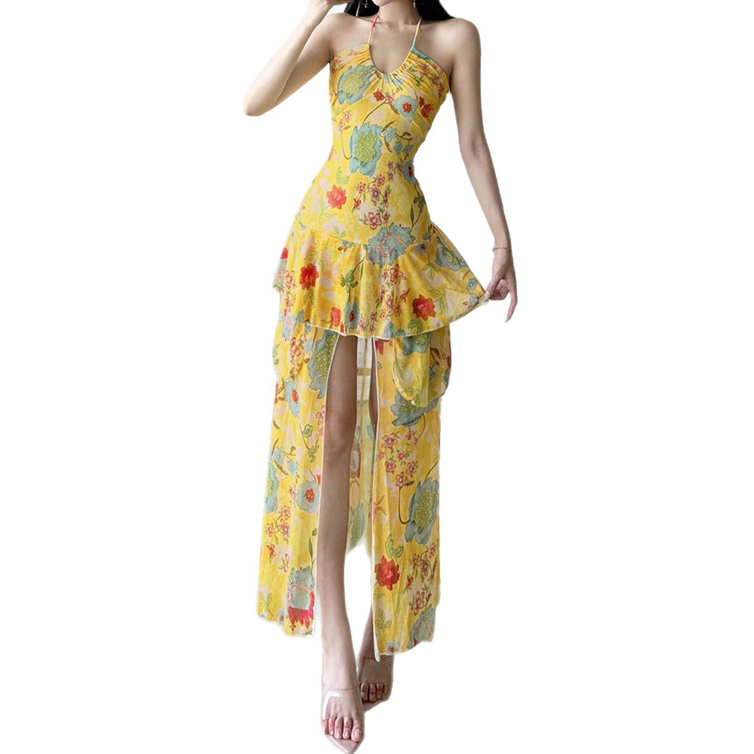 Damen fließendes Maxi-Kleid mit Blumenmuster und Rüschen Drune