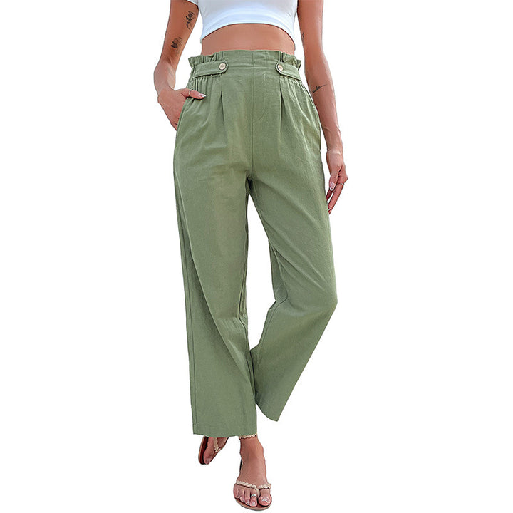 Damen weite Leinenhose mit hoher Taille und dekorativen Knopfdetails Drune
