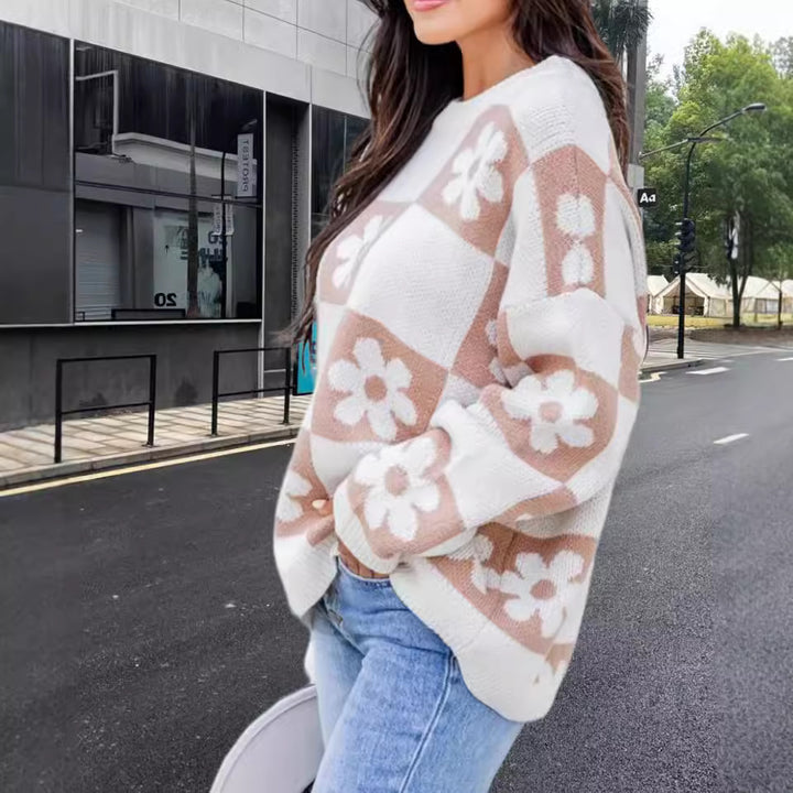 Damen Oversized Strickpullover mit floralem Muster und lässigem Schnitt Drune