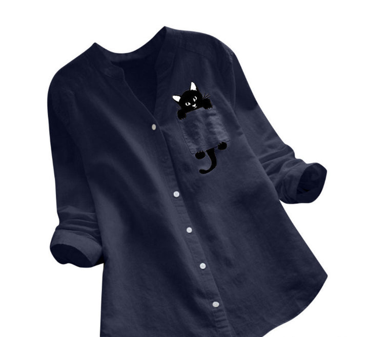 Damen trendige Bluse mit lustigem Katzenmotiv Drune