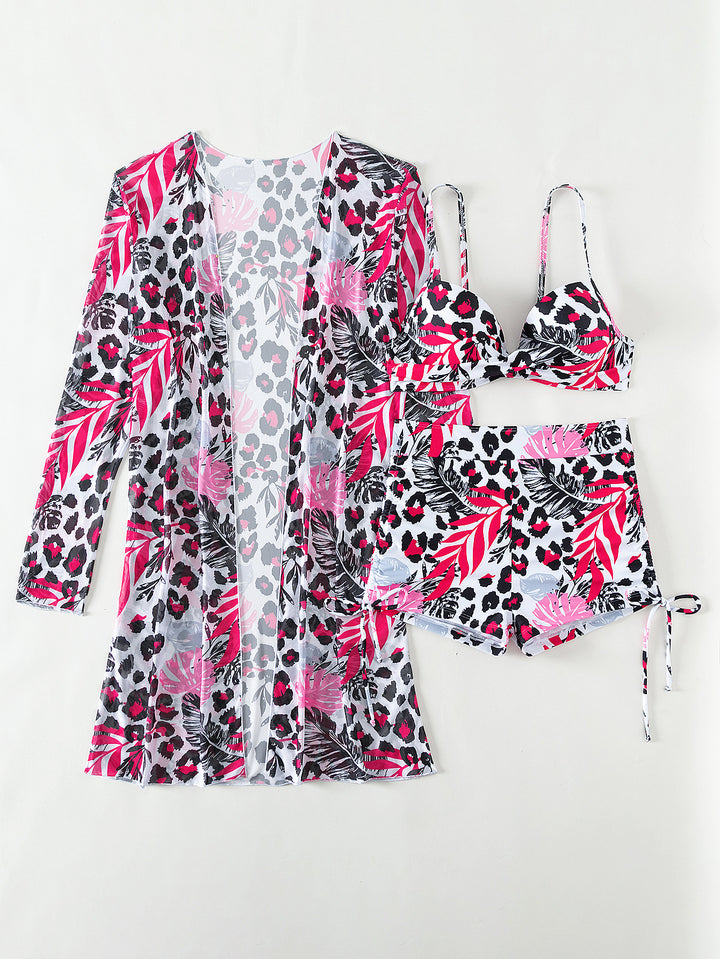 Damen Bikiniset mit modischem Überwurf und stylischem Leopardenmuster Drune