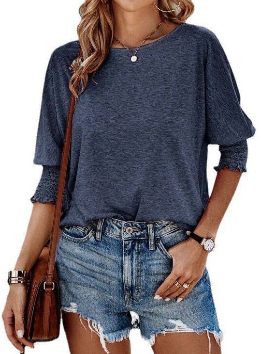 Damen lässiges Oversized T-Shirt mit modischen Puffärmeln und Rundhalsausschnitt Drune