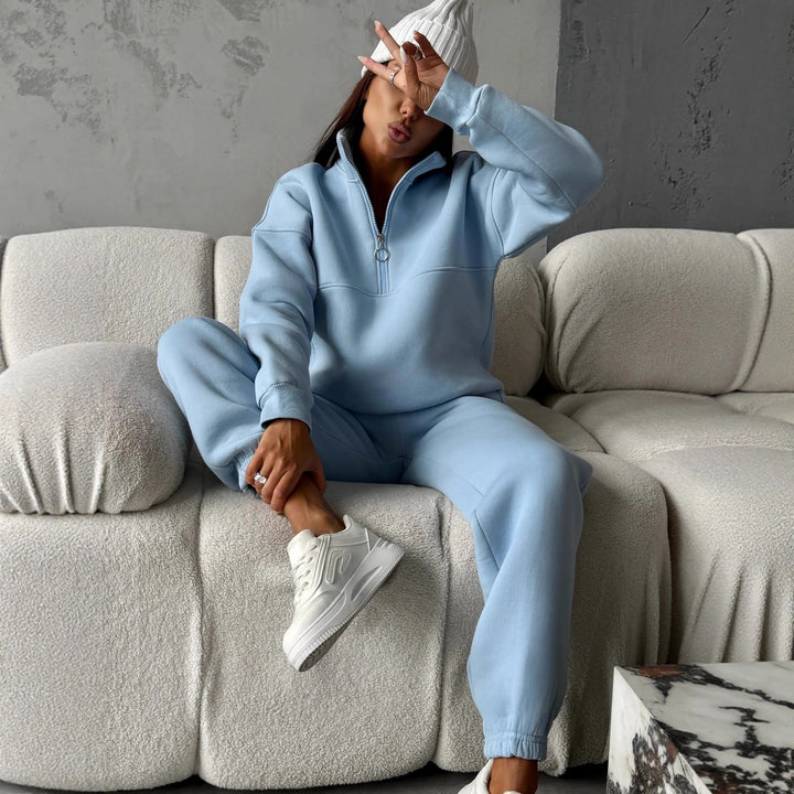 Damen modernes Freizeit-Loungewear-Set mit halbem Reißverschluss und elastischen Bündchen Drune