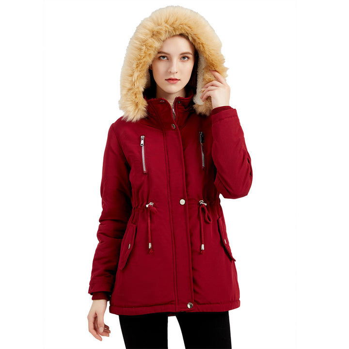 Damen modische Outdoor-Jacke mit abnehmbarem Kunstfellkragen und elastischem Taillenzug Drune