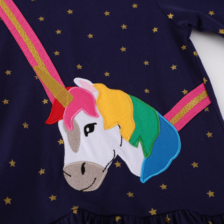 Mädchen Langarmkleid mit zauberhaftem Einhorn-Applikationsdesign Drune