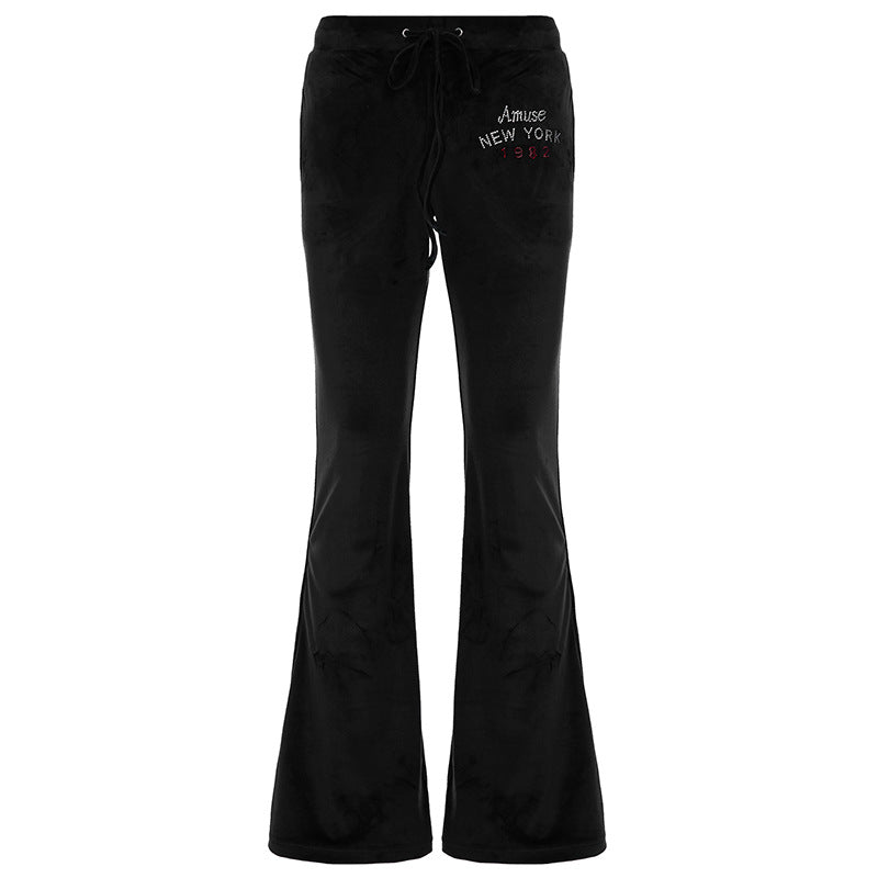 Damen nan weite Velours-Loungehose mit Tunnelzugbund, Kordelzug und dezenter Logo-Stickerei Drune