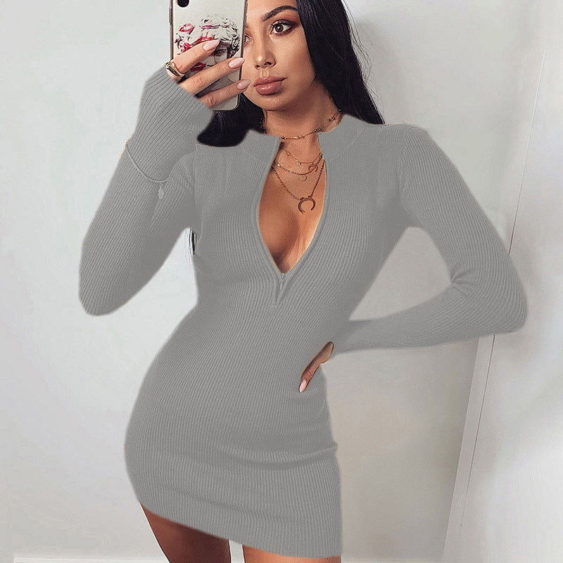 Damen Knit Kleid mit tiefem V-Ausschnitt und langen Ärmeln Drune