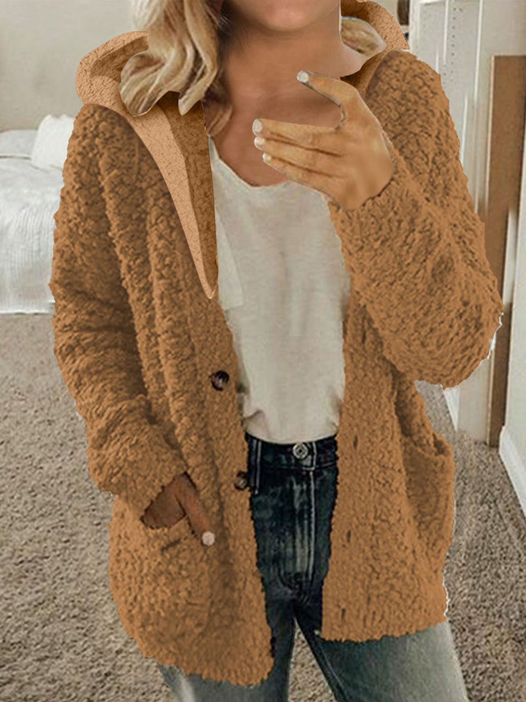 Damen kuschelige Fleecejacke mit Kapuze und praktischen Taschen Drune