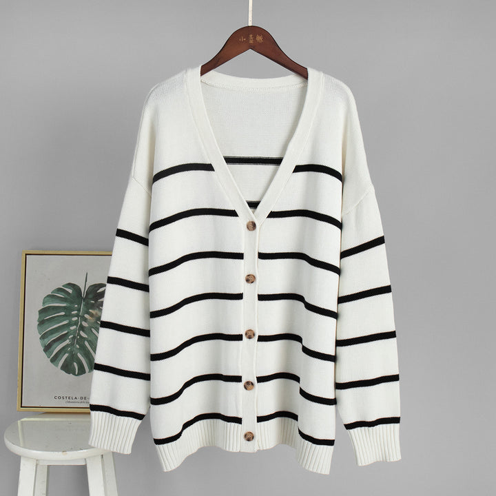 Damen Strickjacke mit breiten Streifen und Knopfverschluss Drune