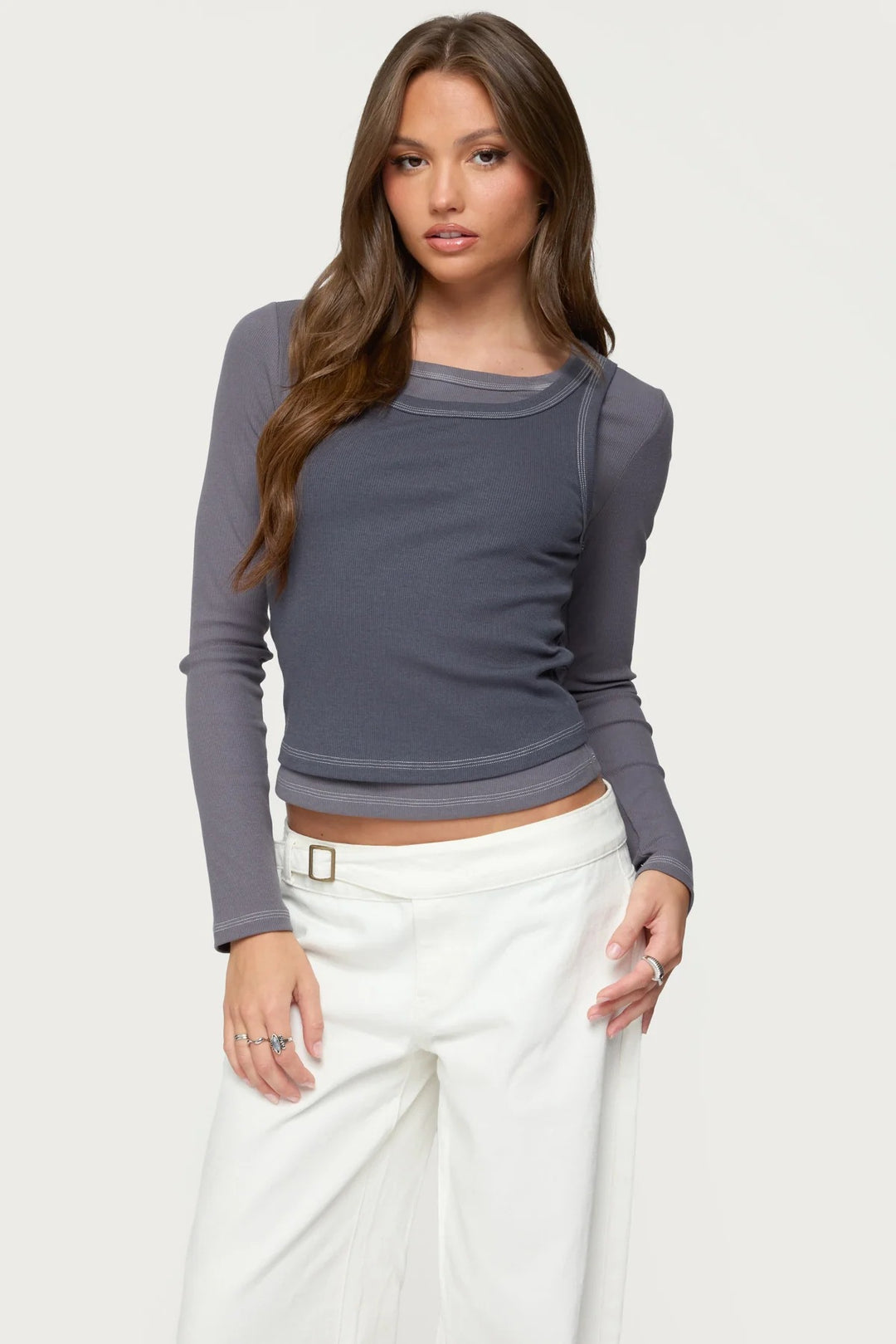 Damen Langarm-Crop-Top mit modischem Farbkontrast und nahtloser Verarbeitung Drune