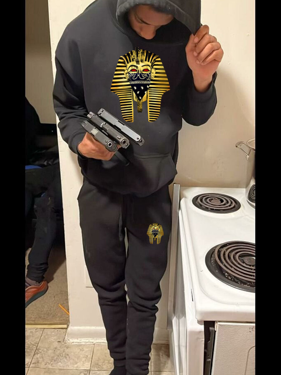 Herren Kapuzenpullover und Jogginghose Set mit künstlerischem Pharaonen-Motiv Drune