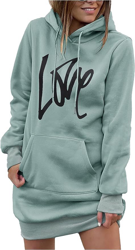 Damen Hoodie-Kleid mit Kängurutasche und auffälligem Schriftzug Drune