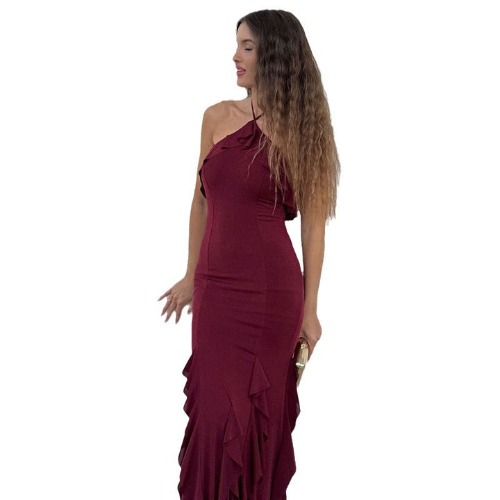 Damen Exklusives Maxikleid mit asymmetrischem Rüschenverlauf und elegantem Schnitt Drune