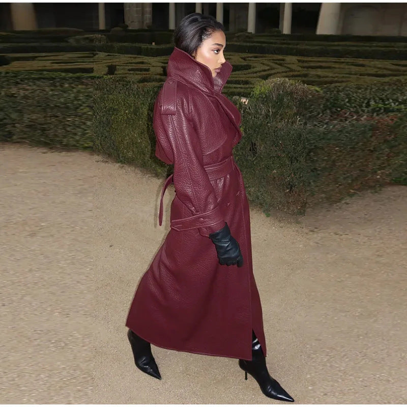 Damen Modische Kunstleder-Trenchjacke mit hohem Kragen Drune