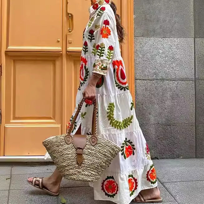 Damen Langarm-Teilkaro Kleid mit floralen Stickereien Drune