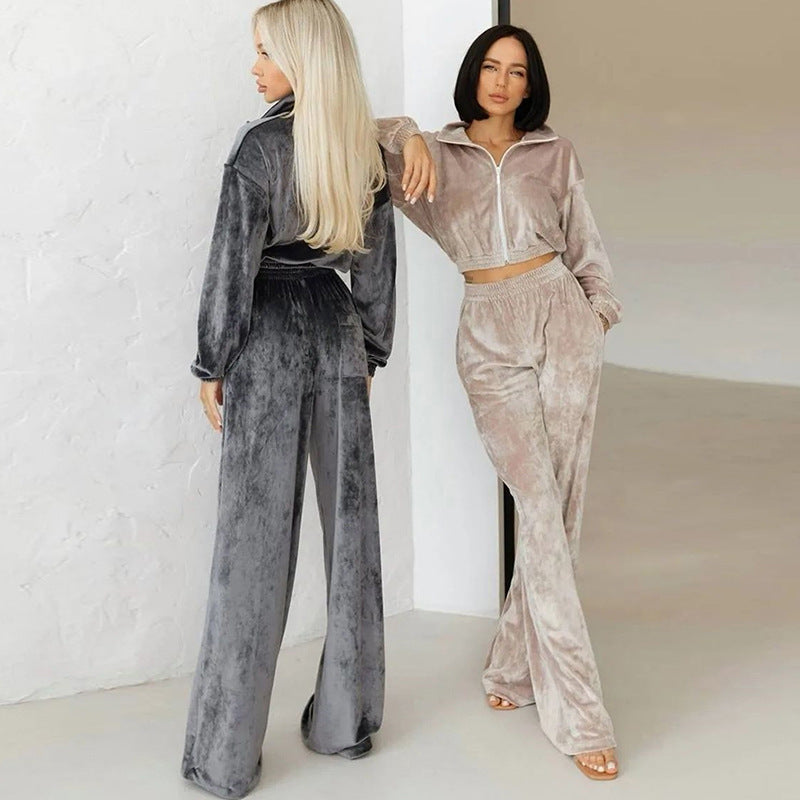 Damen nan Cropped Velours-Joggingset mit halbem Reißverschluss, gerafftem Komfortbund und breiten Bündchen Drune