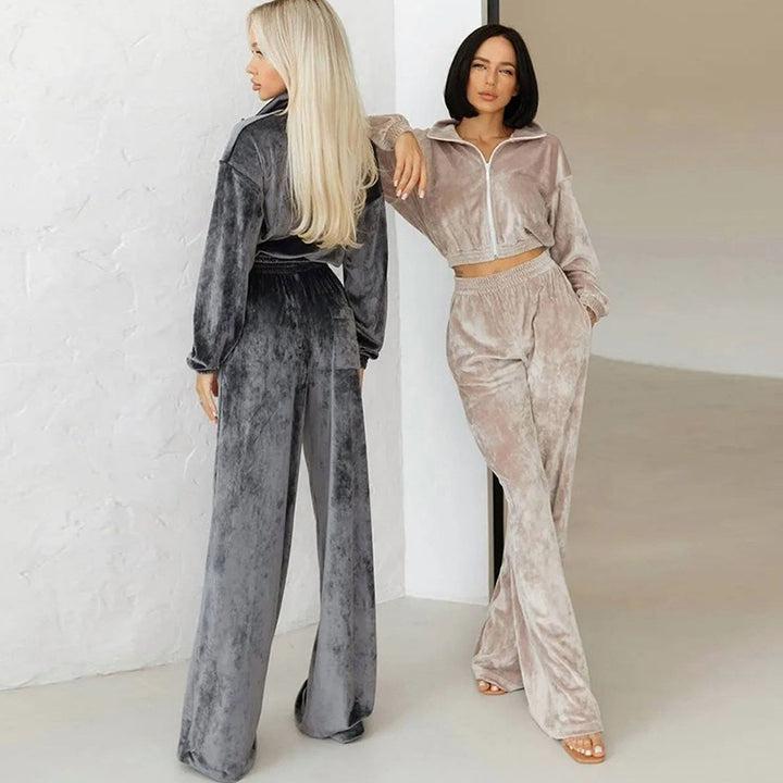 Damen nan Cropped Velours-Joggingset mit halbem Reißverschluss, gerafftem Komfortbund und breiten Bündchen Drune