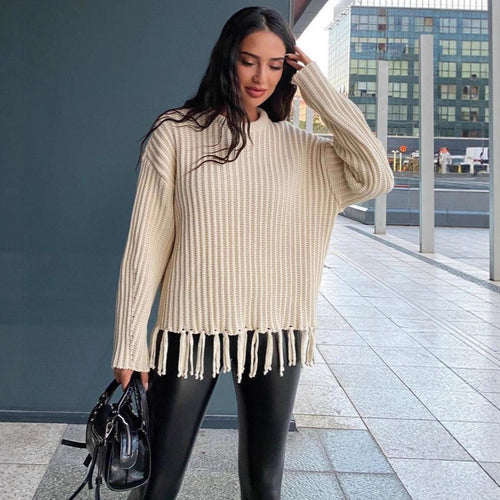 Damen Modischer Strickpullover mit Fransen Drune