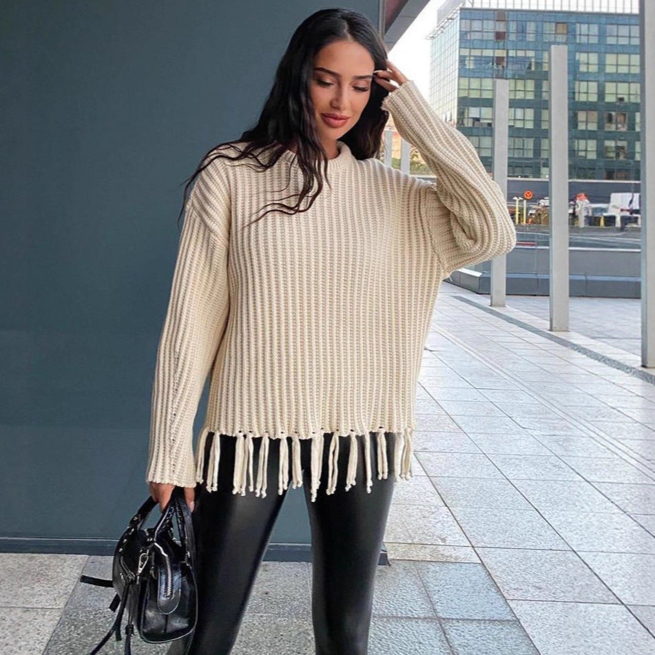 Damen gemütlicher Strickpullover mit Fransen Drune