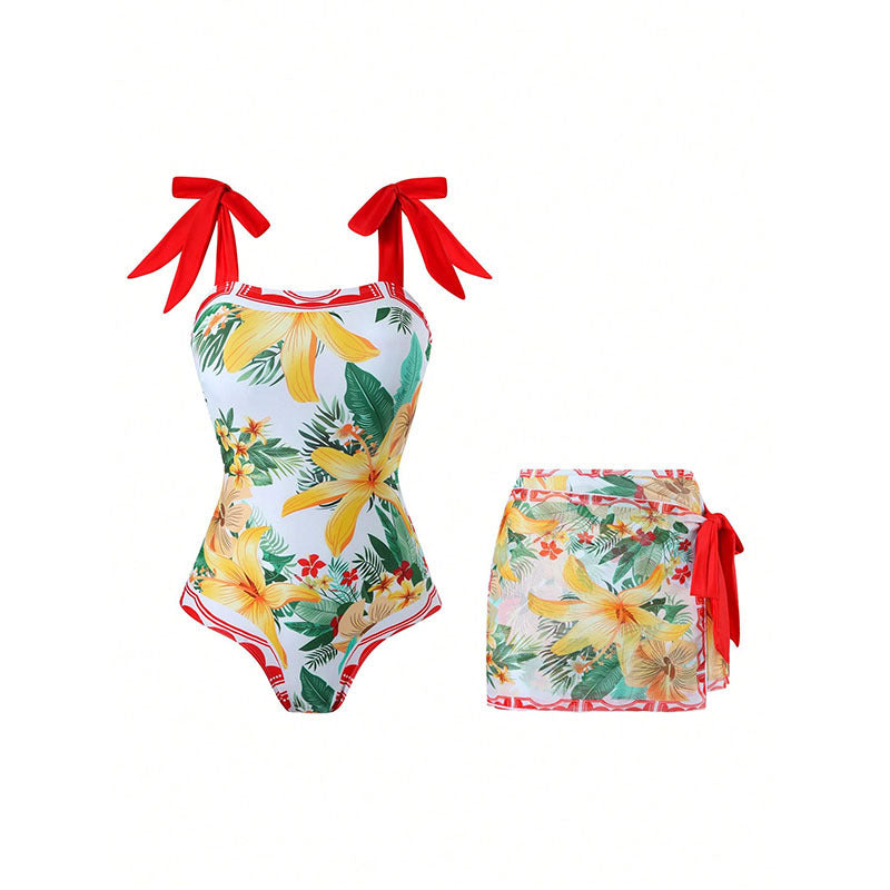 Damen Einteiler Badeanzug mit Wickelrock und verspieltem Blumenmuster Drune