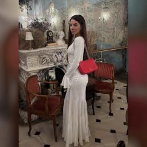 Damen figurbetontes Langkleid mit schickem Muschel-Design und elegantem Ärmelabschluss Drune