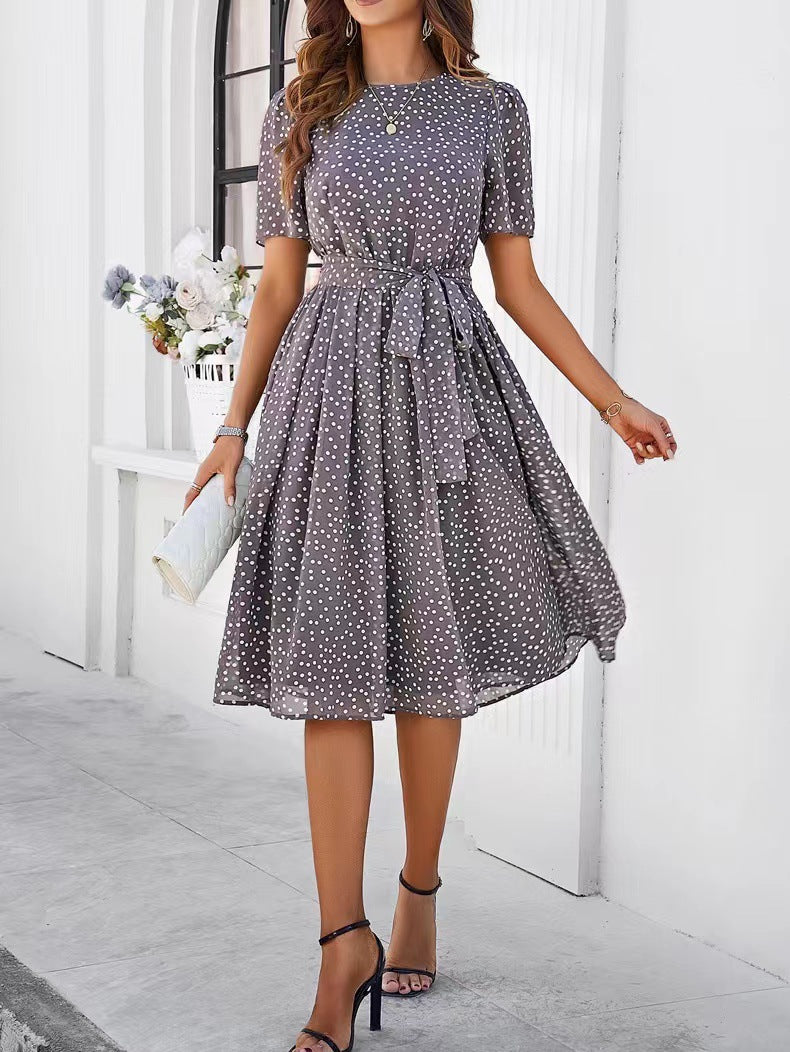 Damen Midikleid mit elegantem Punktedesign und Taillengürtel Drune