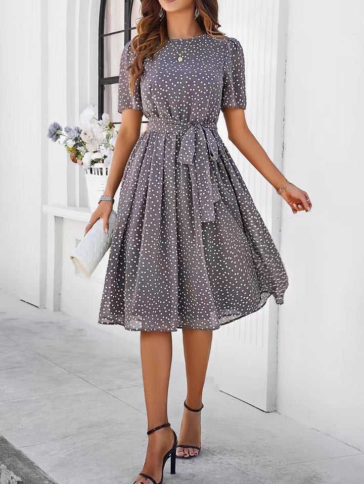 Damen Midikleid mit elegantem Punktedesign und Taillengürtel Drune