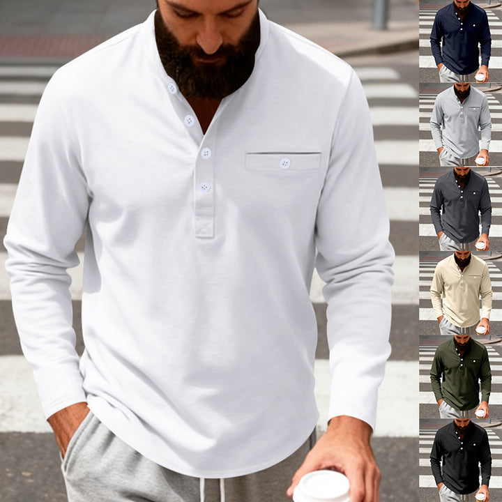 Herren nan langärmeliges Henley-Shirt mit Stehkragen, Brusttasche und dekorativer Knopfleiste Drune