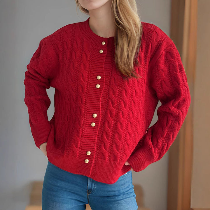 Damen Strickjacke mit eleganter Zopfmusterstruktur und dekorativen Knöpfen Drune