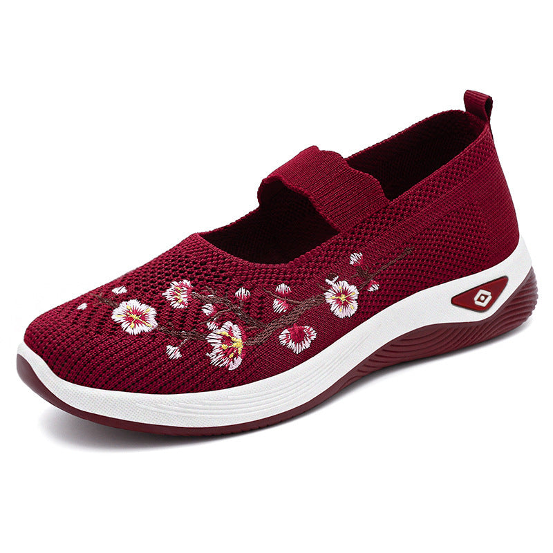 Damen nan bestickter Komfort-Ballerina mit elastischem Mary-Jane-Riemen, atmungsaktivem Strickoberteil und stoßdämpfender EVA-Keilsohle Drune