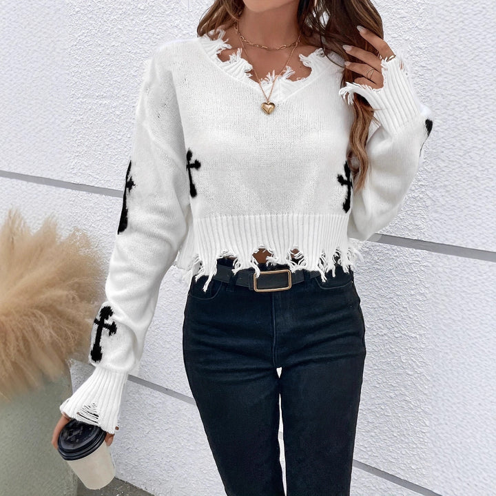 Damen trendiger Pulli mit fransigem Saum und coolem Kreuz-Design Drune
