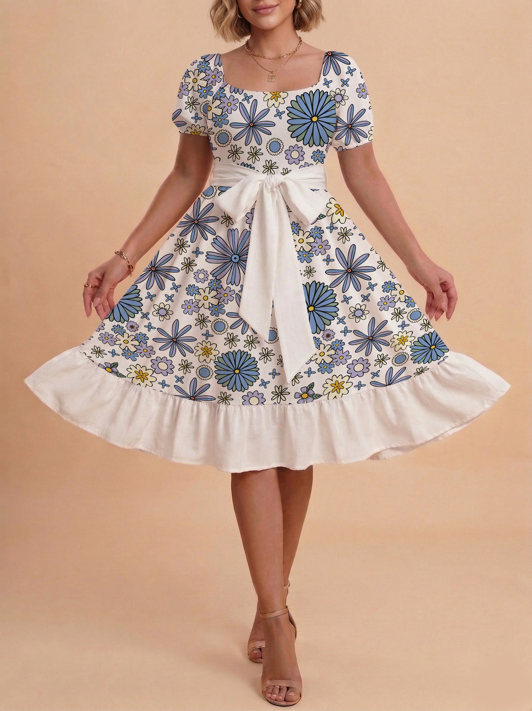 Damen Blumenkleid mit taillierbarem Gürtel und voluminösen Ärmeln Drune