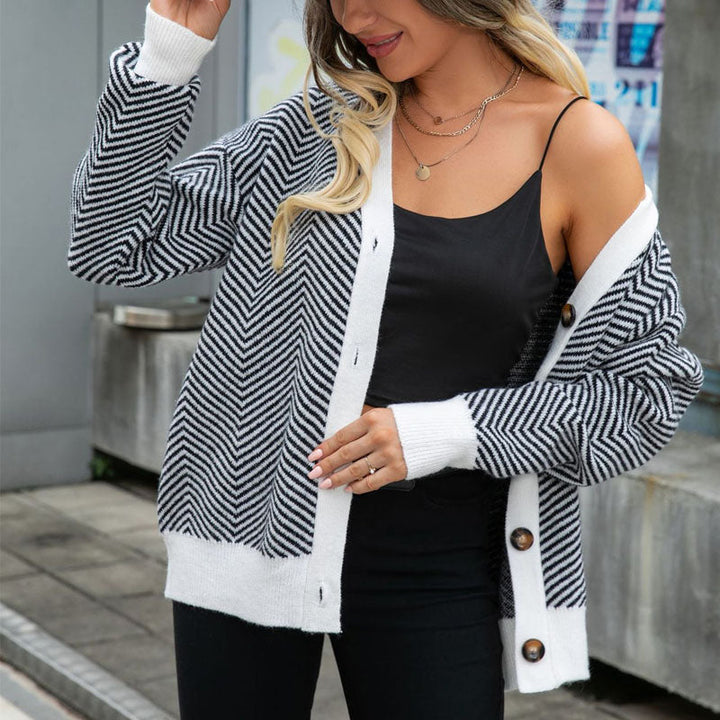Drune | Gestreifte Klassische Strickjacke Für Damen